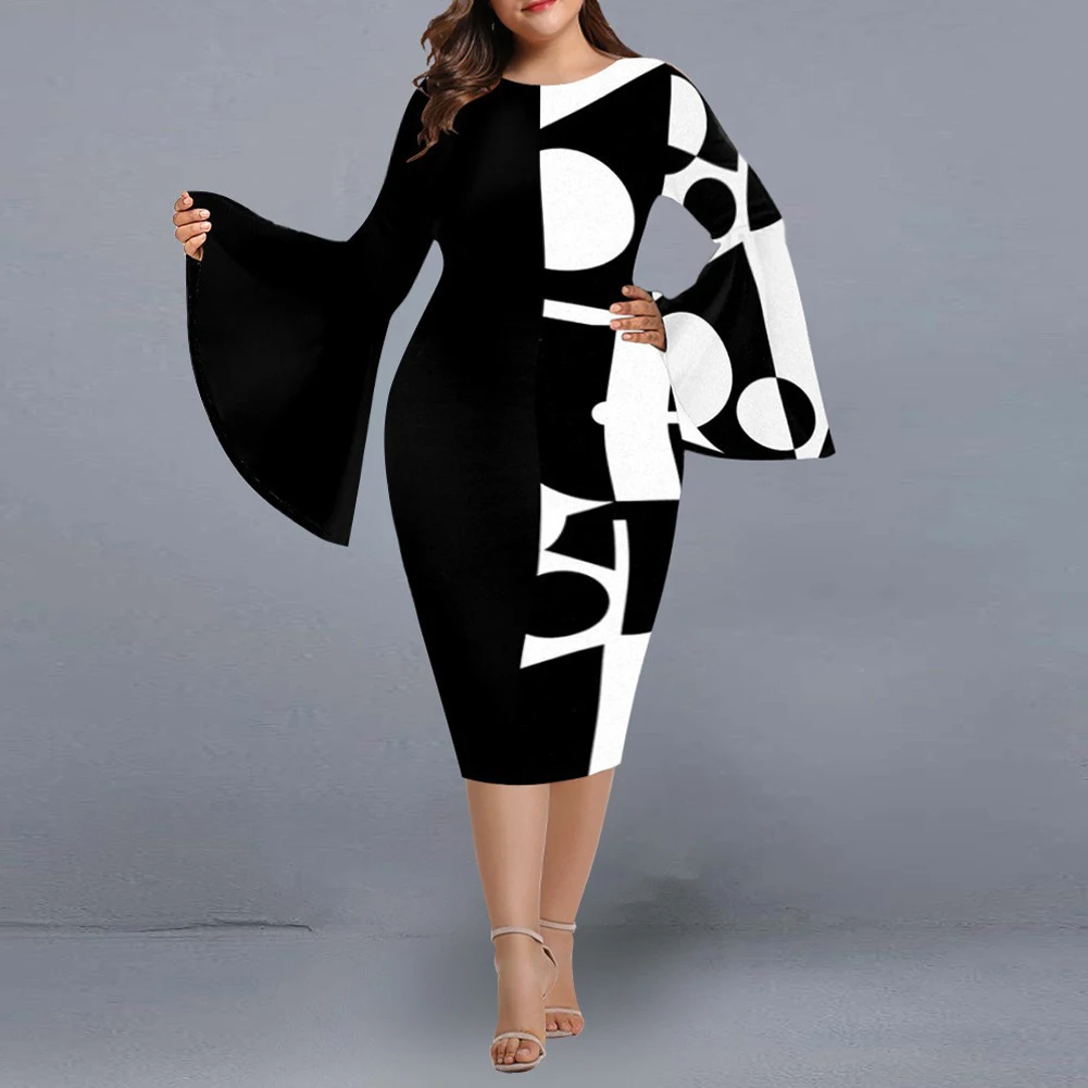 

Plus Size Women Print Club Digital Printing Large Dress Long Sleeve Casual Elegant Evening Party Dress XL-4XL 5XL