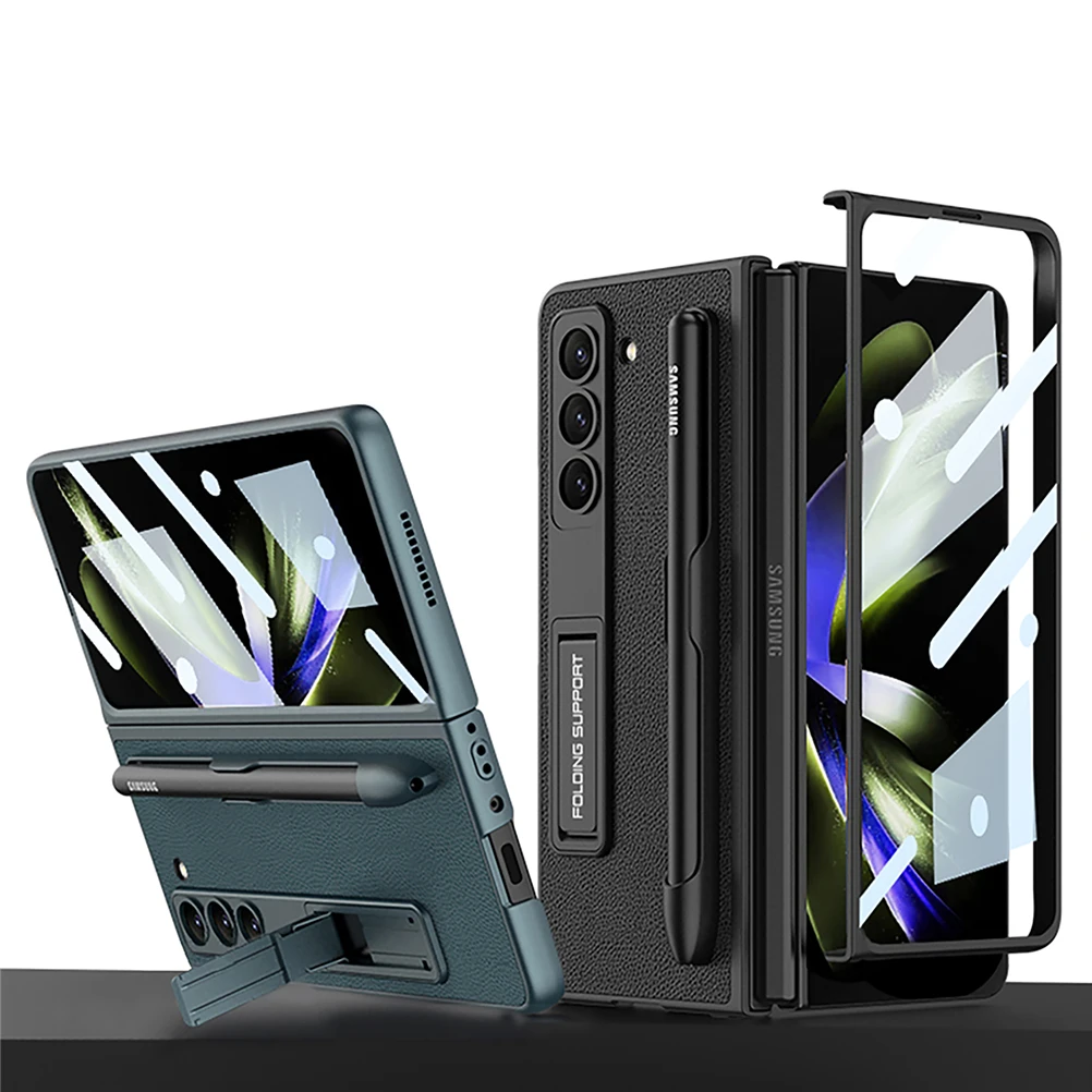 Pen Holder Cover For Samsung Galaxy Z Fold 5 Case Fold5 Leather and Hard Plastic with Bracket Cover Glass Film Protector
