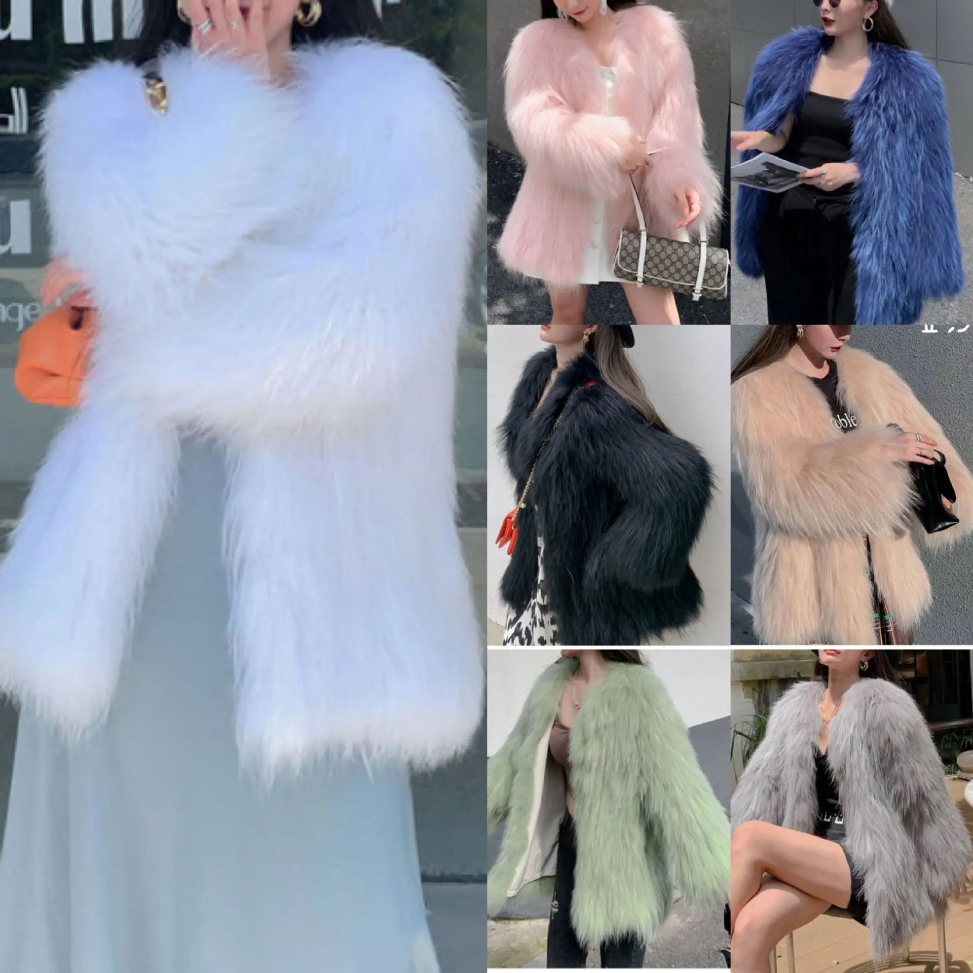 Autumn Winter New Imitation Fox Artificial Fur Solid Color Woven Women Mid-length Thick Dense Coat Round Neck Coat Free Shipping