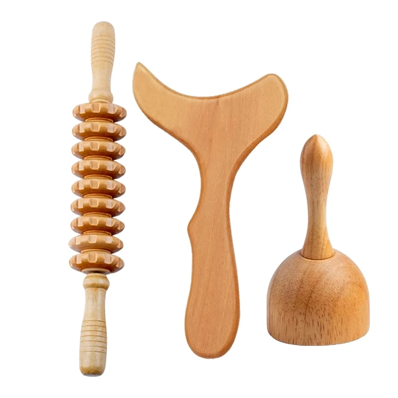 

3Pcs Wooden Massage Roller Body Gua Sha Scraping Paddle Massager Back Legs Body Shaping Lymphatic Drainage Cellulite