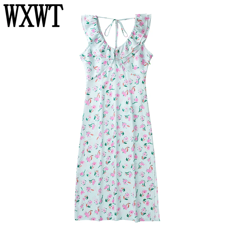 

WXWT Summer Women Print Midi Dress V Neck Sleeveless Female Beach Style Dress Vestidos LY910