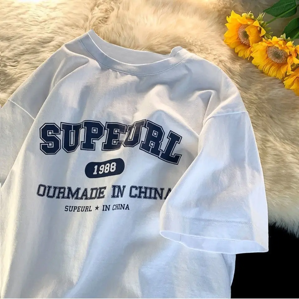 

100% Pure Cotton American Casual Tide Brand Summer Short Sleeve T-shirt Men's Loose Trend Ins Printed Half Sleeve T-shirt Hombre