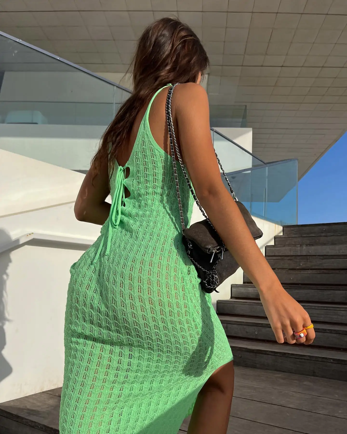 

Fashion Women Casual Dress Solid Color V-Neck Plaid Texture Sleeveless Split Knitted Long Dress Skin Friendly Streetwear S M L
