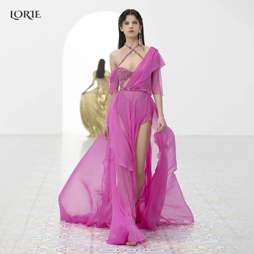 

LORIE Carmine Glitter Sexy Evening Party Gowns One Shoulder Sequins Chiffon High Side Slit Formal Dresses A-Line Shiny Prom Gown