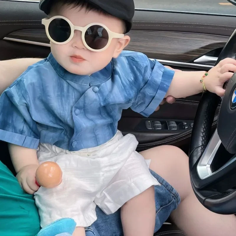 Хлопковый синий костюм Тан в китайском стиле топ с коротким рукавом и шорты