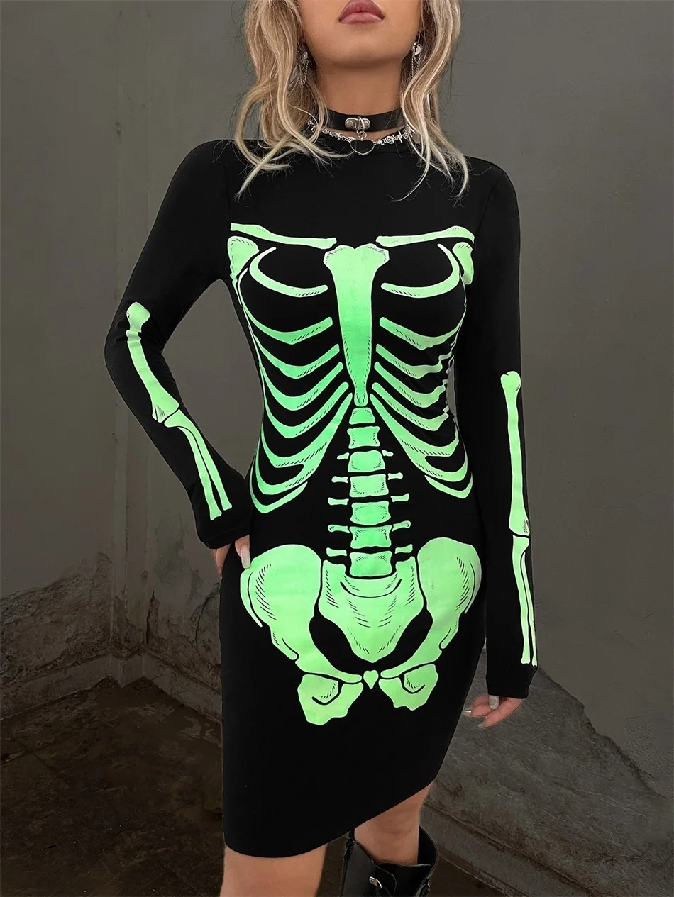 

Goth Fashion Women Dress Slim Skull Printing Patchwork Round Neck Long Sleeve Gothic Style Sexy Ladies Dress For Summer 2023