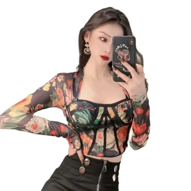 

Floral mesh long sleeve slim square neck top perspective backing t-shirt female clothes P3 633