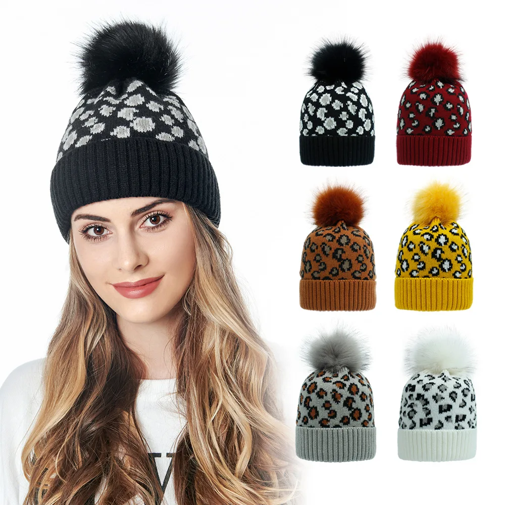 

Autumn and Winter Knitted Hat Female Leopard Print Wool Knitted Cap Fashion Warm Big Hair Ball Hat