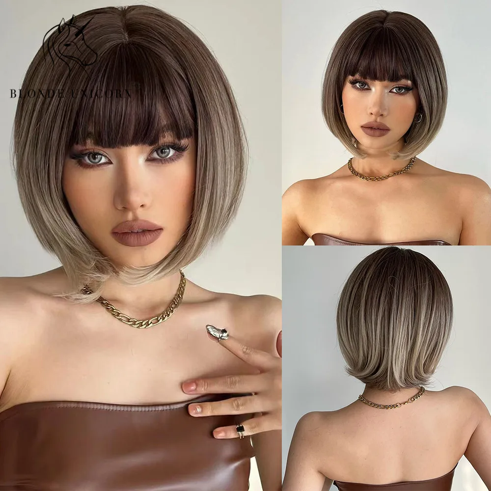 

BLONDE UNICORN Synthetic Wigs Short Bobo Hair with Bangs Ombre Brown for Black White Women Heat Resistant Fiber Daily Use