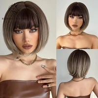 blonde unicorn synthetic wigs short bobo hair with bangs ombre brown for black white women heat resistant fiber daily use