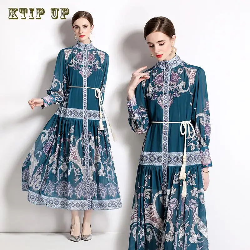 

Ramadan Arab New Women's Long Sleeve Retro Palace Style Printed Dress Long Dress Lace Up Muslim Abaya Djelaba Femme Caftan