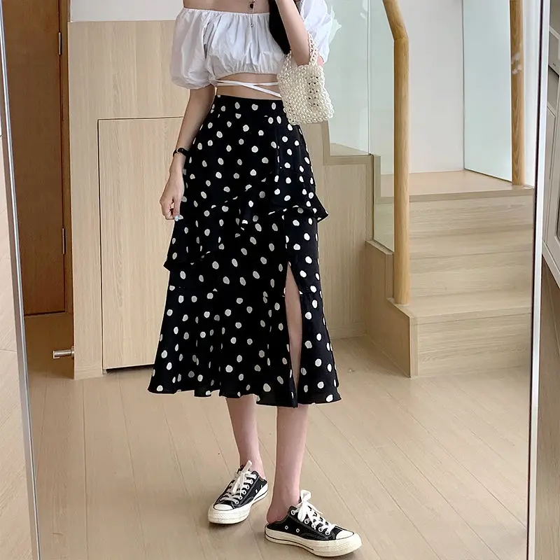 

Женская длинная юбка в горошек, черная эластичная юбка в Корейском стиле, лето 2022