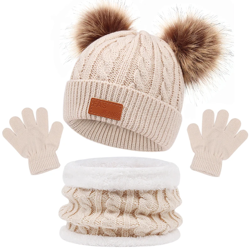 

3PCS Boy Girl Infant Hairball Bonnet Scarf Set Baby Hat with Scarf Winter Knitted Cotton Toddler Cap for Kids Warm Accessories