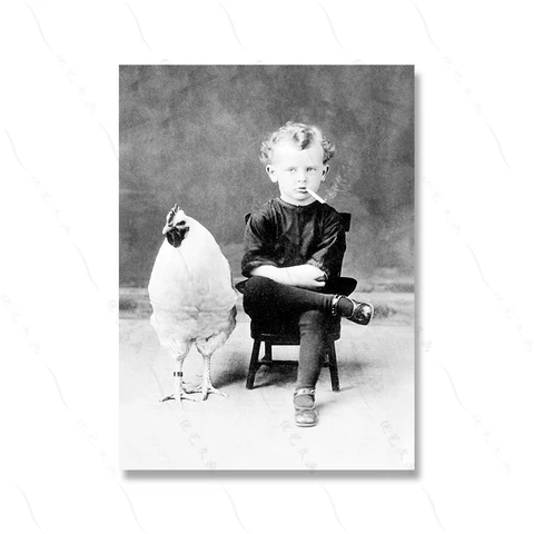 Забавный постер гигантской курицы курительный мальчик винтажный постер петух настенное искусство черный белый ретро фото холст живопись комната Домашний декор