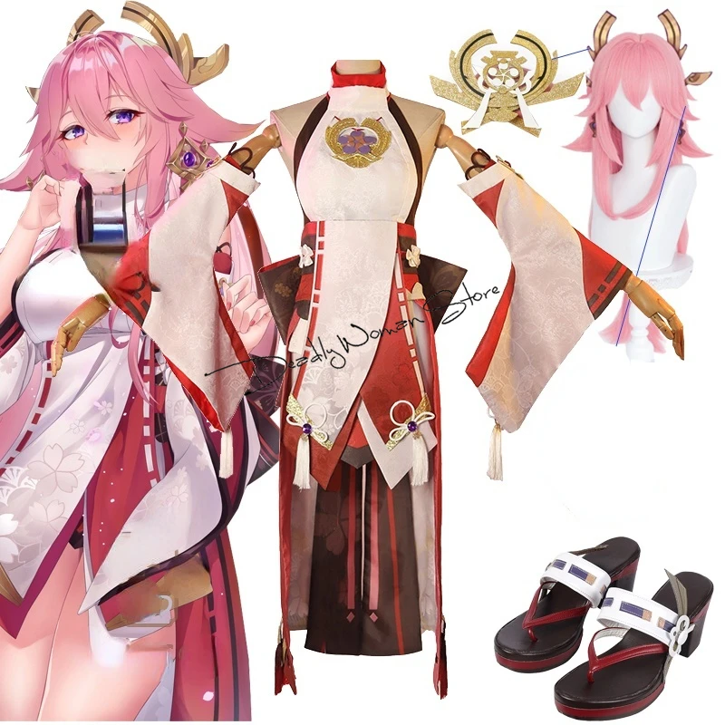 

Genshin Impact Yae Miko Guuji Yae Cosplay Costume kawaii Cos Wigs Shoes Games Uniform Dress Outfits Halloween Costumes For Women