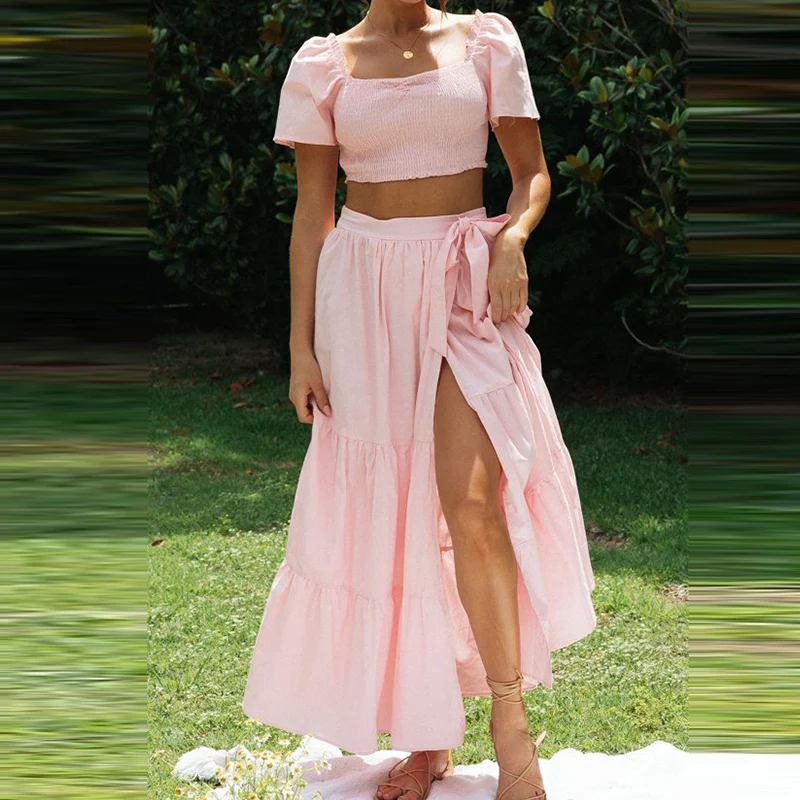 

2022 Summer Beach Outfits Women Square Collar Short Sleeve Crop Tops+High Split Bust Skirts 2Pc Ladies Lace Up Bust Skirt Sets