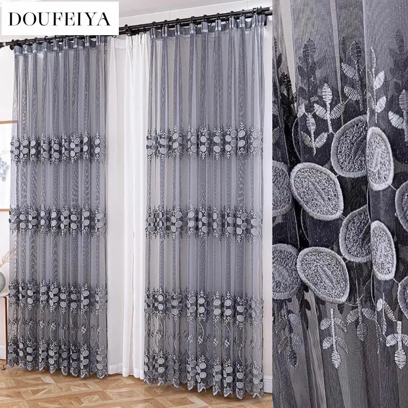 

3D Embossed Embroidery Gray Tulle Curtains for Living Room Bedroom Dining Modern Voile Sheer Fabric Bedroom Luxury Custom Size