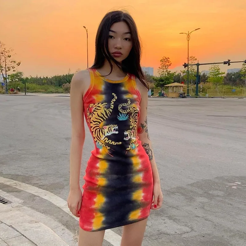 

Punk Tie Dye Sleeveless Graphic Mini Dresses Ribbed O-neck Tiger Printing Bodycon Party Dress E-girl Rave Summer Dresses