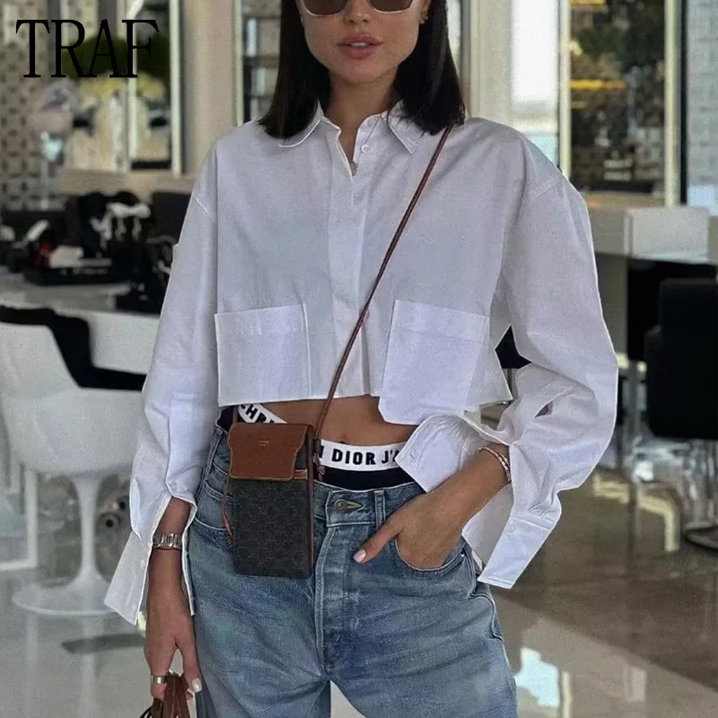 

TRAF Cropped White Shirt Women Oversize Button Up Shirts for Women Long Sleeve Crop Top Female Summer Casual Shirts and Blouses