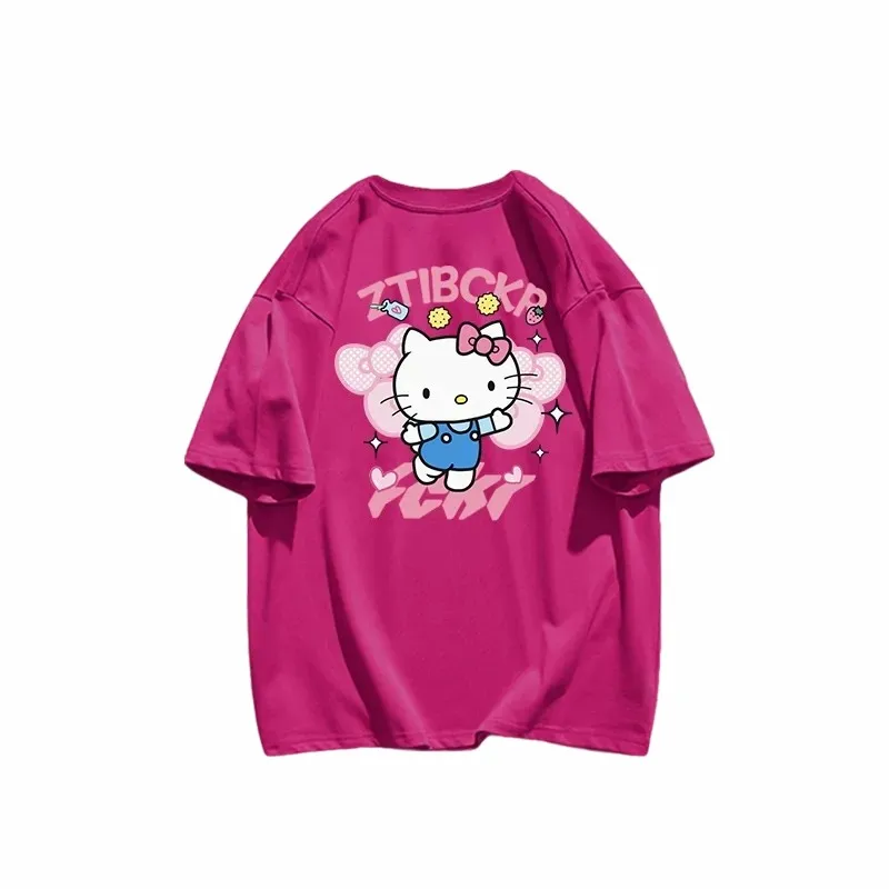 

Sanrio кавайная футболка Hello Kitty с короткими рукавами с героями мультфильмов, новинка, хлопковая одежда допамина, летняя свободная повседневная одежда для девочек, милый подарок