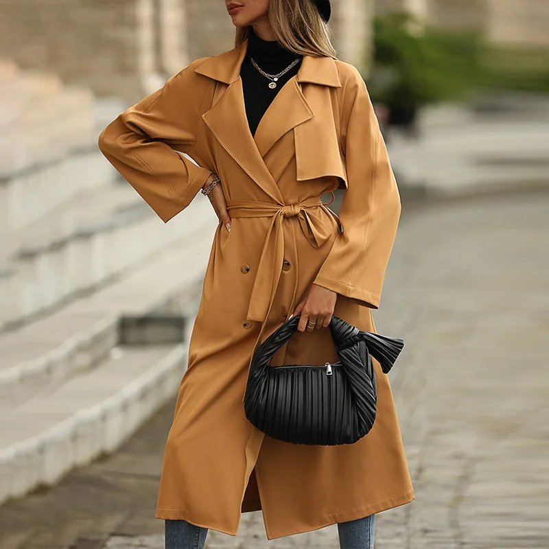 

2022 Fall Winter Fashion Lapel Long Overcoat Women Casual Khaki Trench Coat