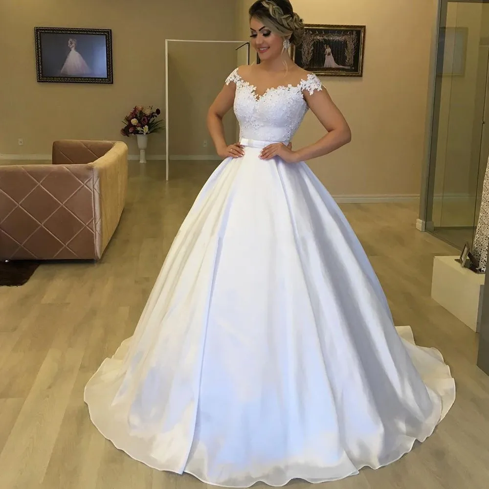 

Angelsbridep кружевные аппликационные атласные свадебные платья с открытыми плечами с коротким рукавом V-образным вырезом юбка до пола корсет сзади