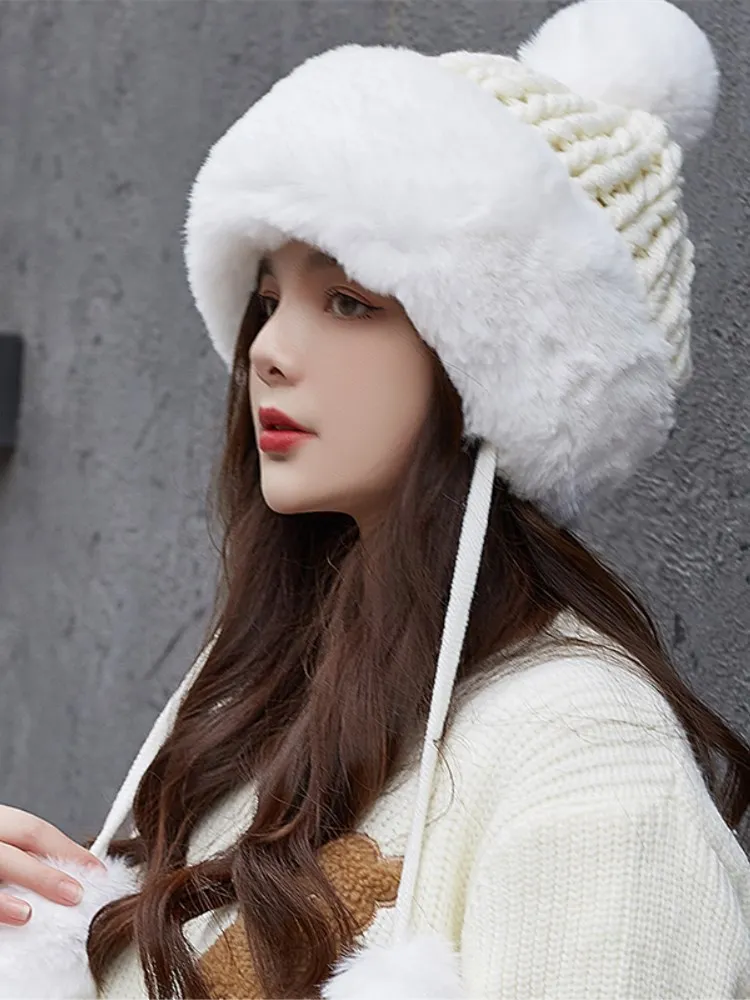 

Trapper Bomber Hat For Women Russian Warm Fur Ski Winter Warm Faux Fur Knit Beanie with Earflap Pom