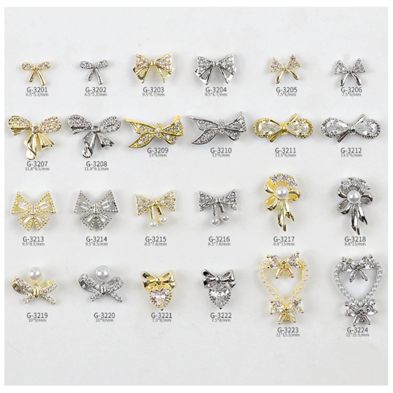

3pcs Nail Zircon Decorations Beautiful Pearls Love Wreath Bowknots Gold Silver Alloy For Nail Manicure Beauty