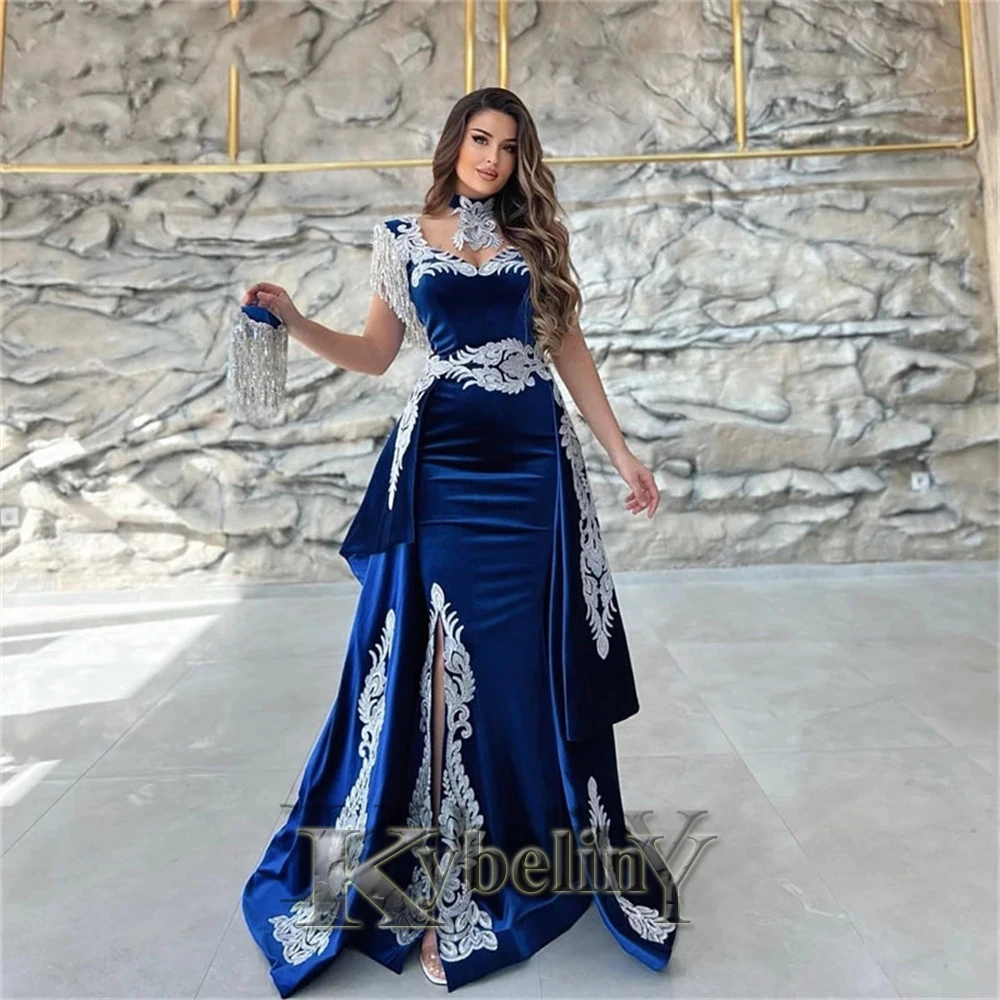 

Kybeliny Moroccan Caftan Evening Dress Appliques Lace Cap Sleeve Royal Blue Mermaid Slit Velvet Vestido De Fiesta Custom Made