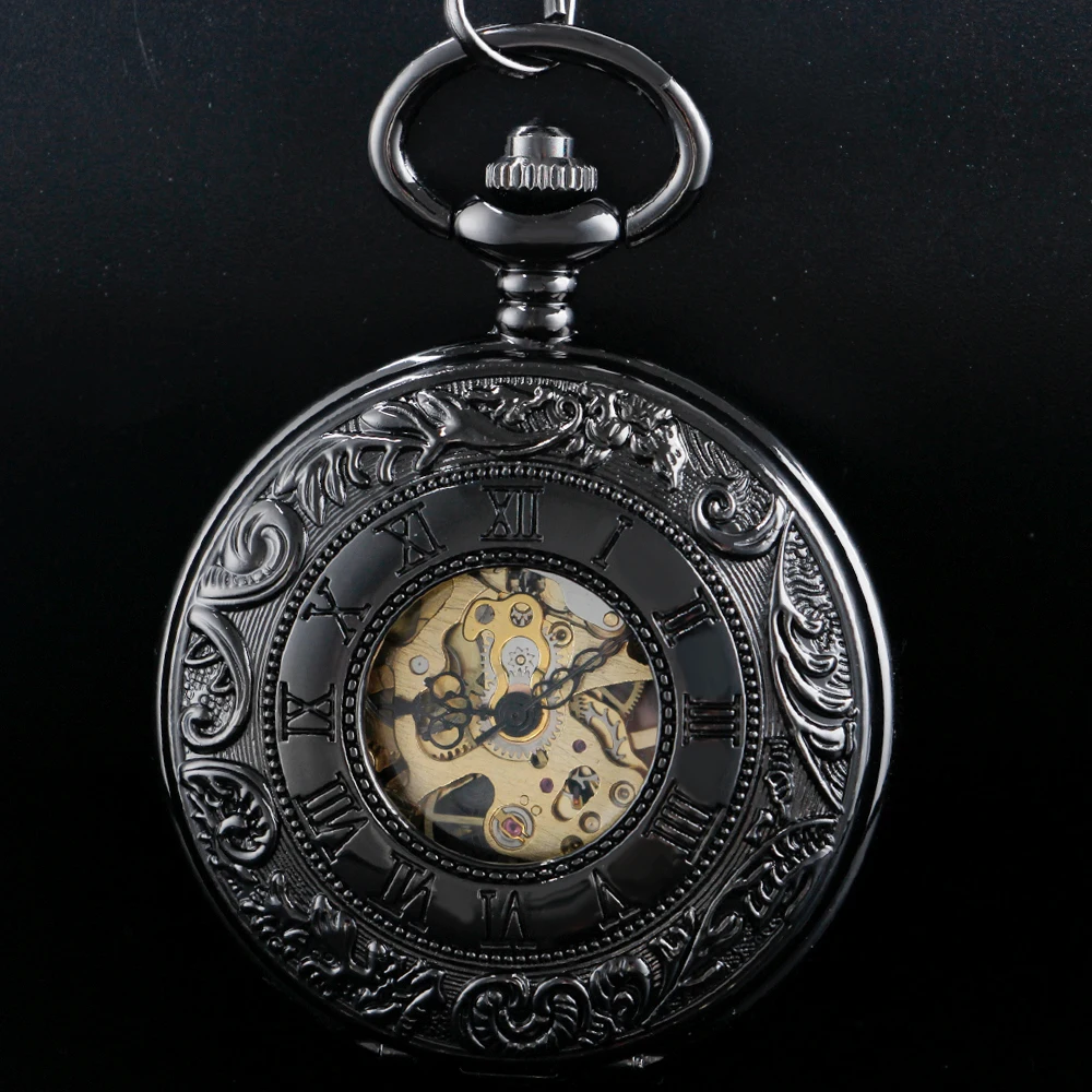 Vintage Black Sculpture Design Mechanical Manual String Pocket Watch Roman Digital Skull Dial Pendant Automatic Antique Clock