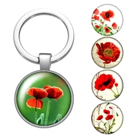 beauty flowers papaver rhoeas glass cabochon keychain bag car key chain ring holder silver color keychains men women gifts