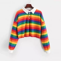 2020shirt women sweatshirt long sleeve rainbow color ladies hoodies with button striped korean style sweatshirt women