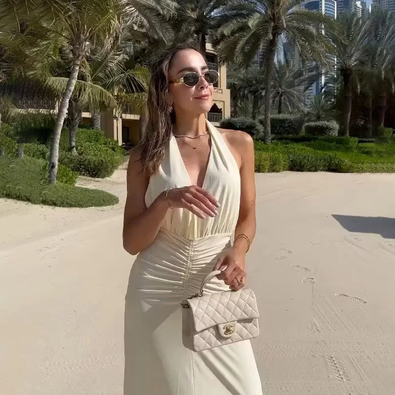 

SLTNX TRAF Fashion Hanging Neck Womens Dresses Summer Female Backless Sexy Folds New Dress Ladies Chic Casual Slim Long Dresses