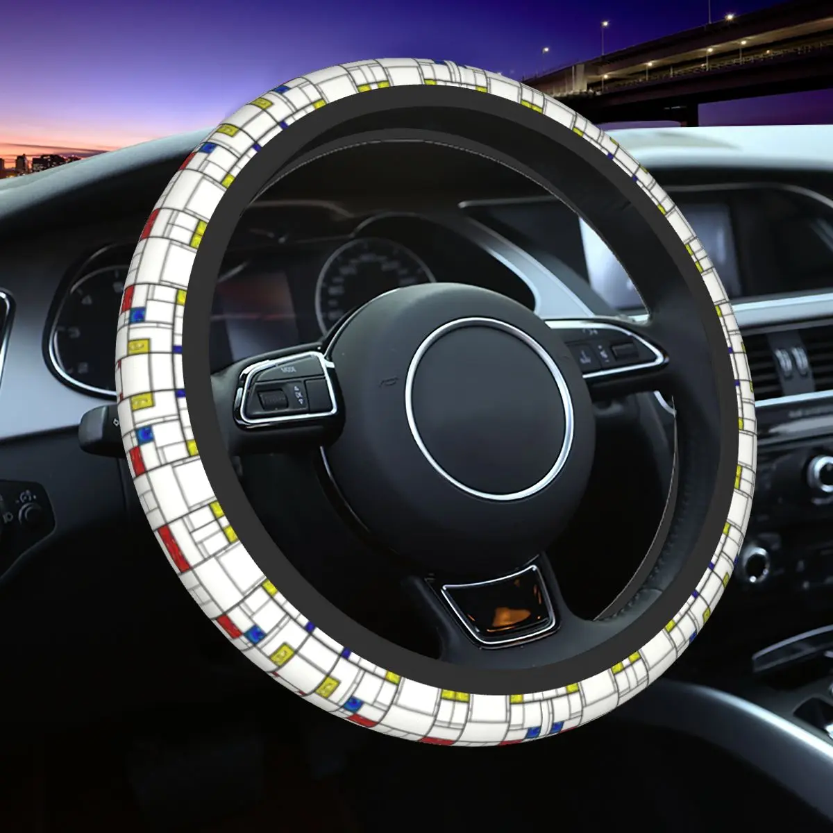

Psychedelic De Stijl Art Auto Car Steering Wheel Cover Piet Mondrian Universal 14.5-15 Inch Steering Wheel Protector for SUV