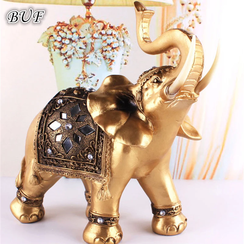 

Golden Resin Elephant Statue Feng Shui Elegant Elephant Trunk Sculpture Lucky Wealth Figurine Crafts Ornaments For Home Decor