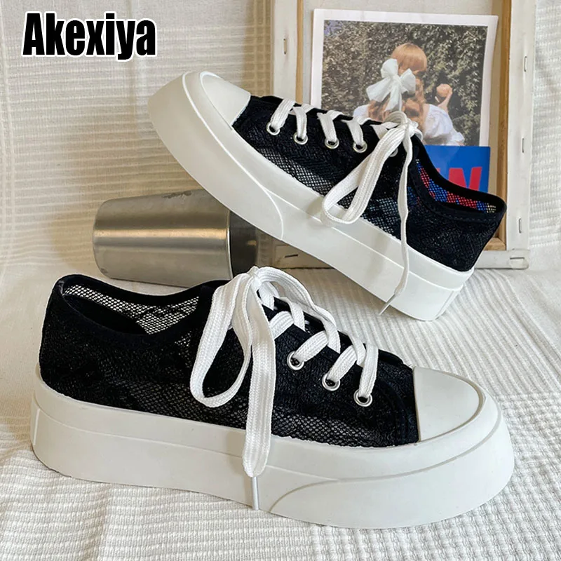 

Sneakers Women Trends 2022 New Summer Breathable Lace Mesh Vulcanized Women's Shoes Casual Canvas White Shoes Thick Sole bc4612