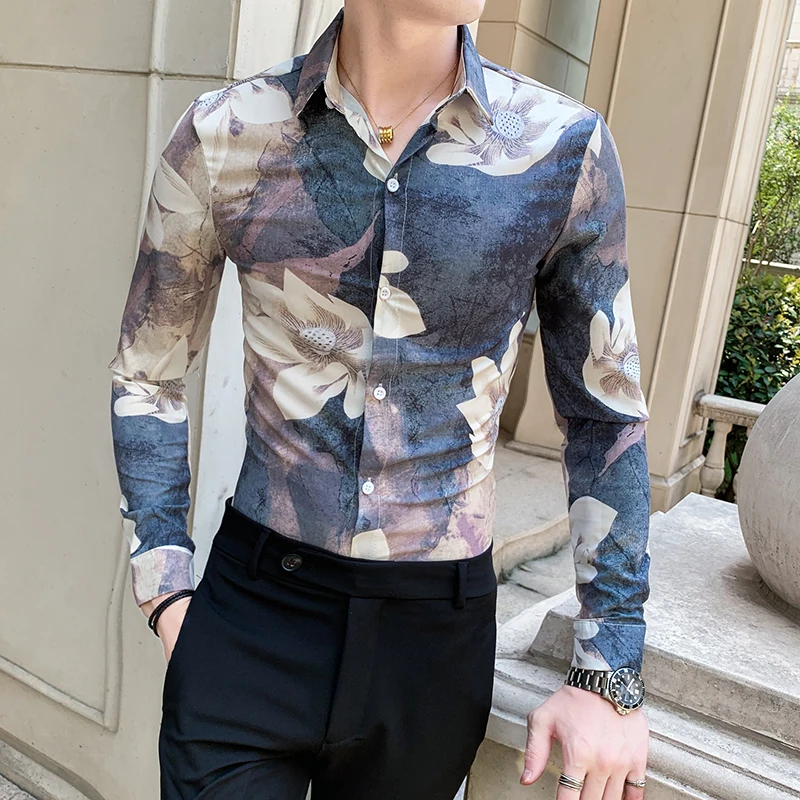 2022 Spring Men Shirts Floral Print Long Sleeve Casual Shirt Streetwear Slim Fit Floral Dress Shirt Men Clothes Camisa Masculina