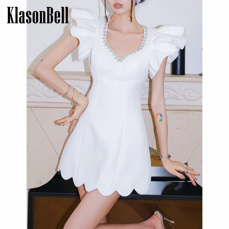 

8.9 KlasonBell Luxury White Diamonds Chain Petal Sleeve Collect Waist Mini Dress Women