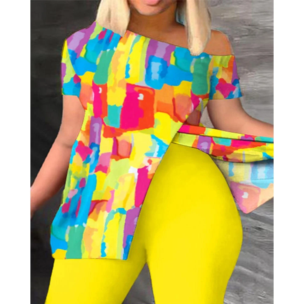 Summer Women Tie Dye Print Split Hem Skew Neck Short Sleeve Top & Pants Set Causal Streetwear 2023 Two Pieces Suit y2k Clothes