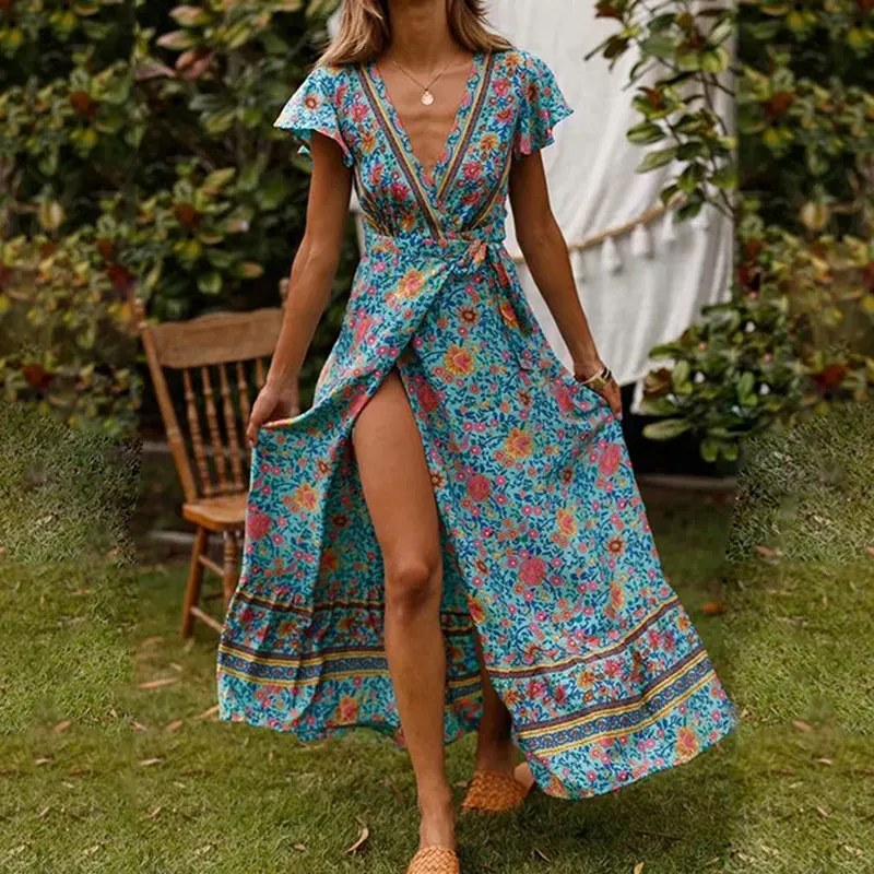 Deep V Neck Summer Maxi Dress Women Floral Print Bohemian Lace Up Split Dresses Elegant Ruffle Short Sleeve Beachwear Vestidos