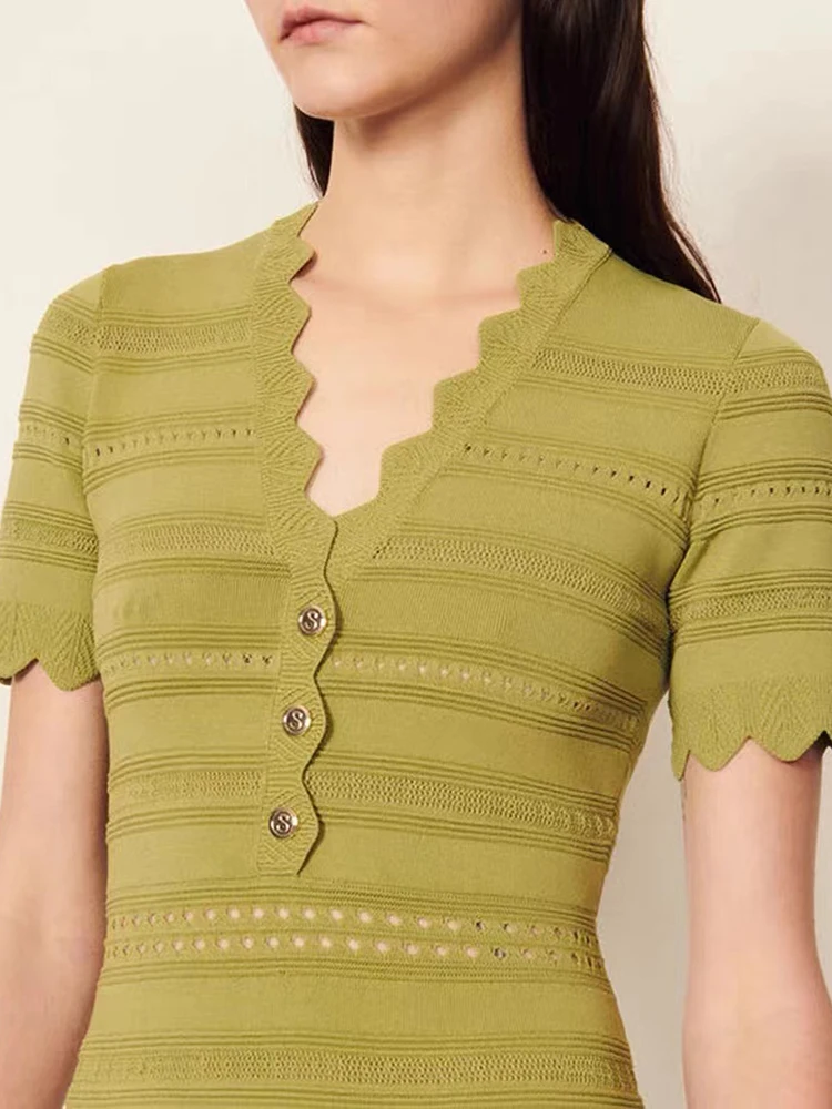 

Женская однобортная юбка-трапеция SANDR *, однотонное платье с V-образным вырезом, коротким рукавом и кружевной талией, лето 2022