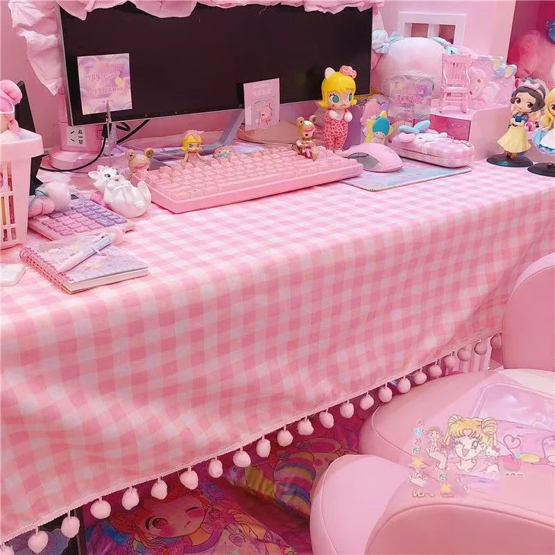 2023 Girls Hot Pink Tablecloth Ins Cute Plaid Desk Cloth Dormitory Computer Wallpaper Mat New Kawaii Room Decoration Table Cover
