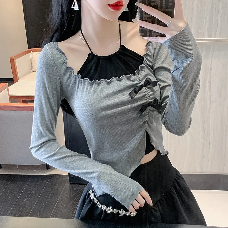 Женские милые футболки с длинным рукавом укороченные топы-туника бантом