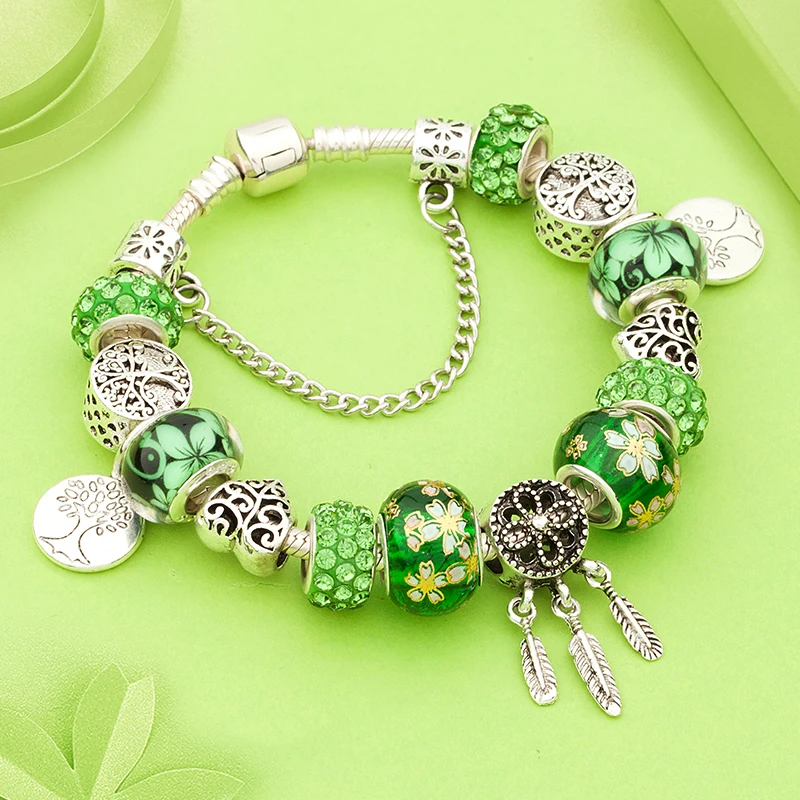 

New Arrival Antique Tibetan Silver Dreamcatcher Charm Bracelet Green Tree of Life Waist Bead Bracelet Bangles With Flower X Gift