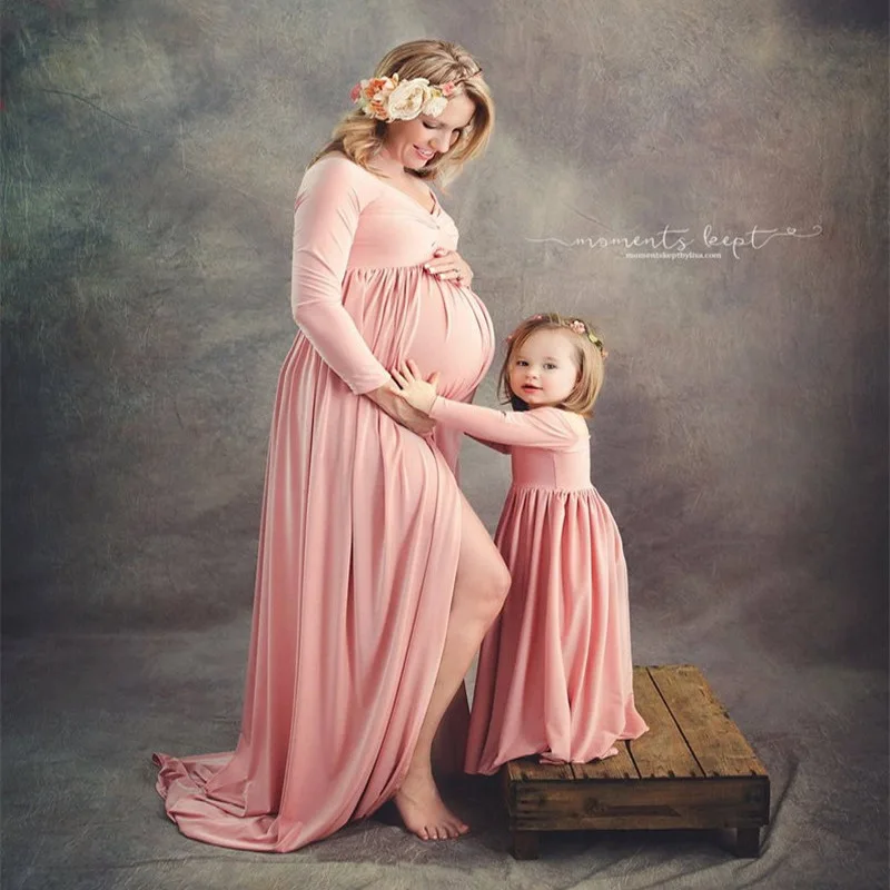 

Mother Daughter Parent-child Off Shoulder Long Sleeved Dress Maternity Dressws Photography Prop Pregnant Women Maxi Gown