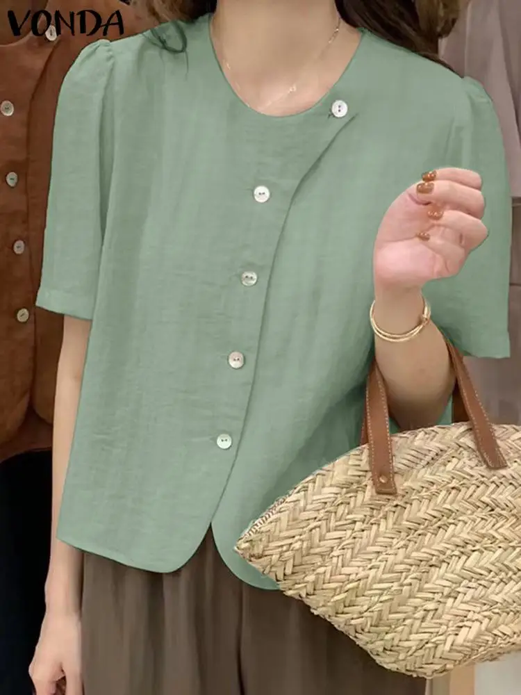 

Women Blouse 2023 VONDA Vintage Solid Color Tops Fashion Short Sleeve Buttons O-Neck Blouse Elegant Casual Loose Blusas Baggy