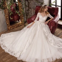 vensanac illusion appliques sleeve lace ball gown wedding dresses crystal sash court train button bridal gowns