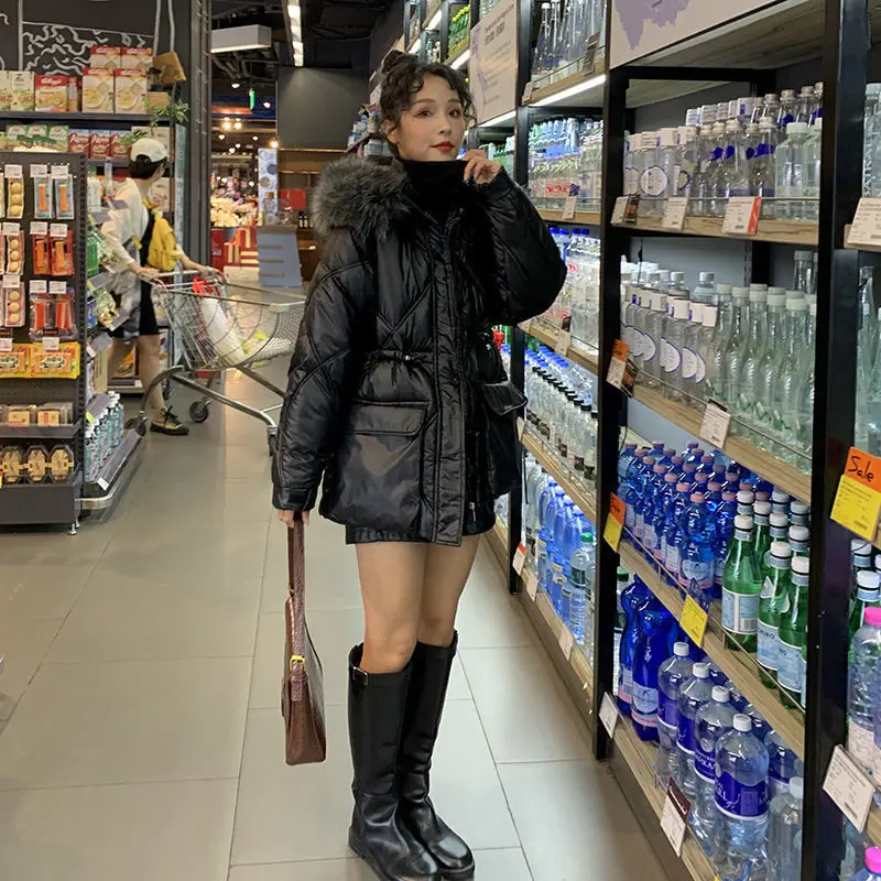 Winter New Short Padded Jacket Women Elegant Drawstring Slim Fashion Coat Office Warm Jacket Big Fur Collar Anti-Sub Coat Women