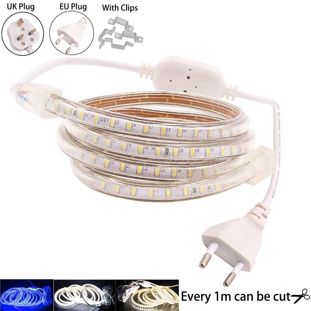 

AC220V LED Strip Light SMD3014 120LEDs/m LED Tape Rope Lights IP67 Waterproof LED Ribbon Light for Home Decoration + EU/UK Plug