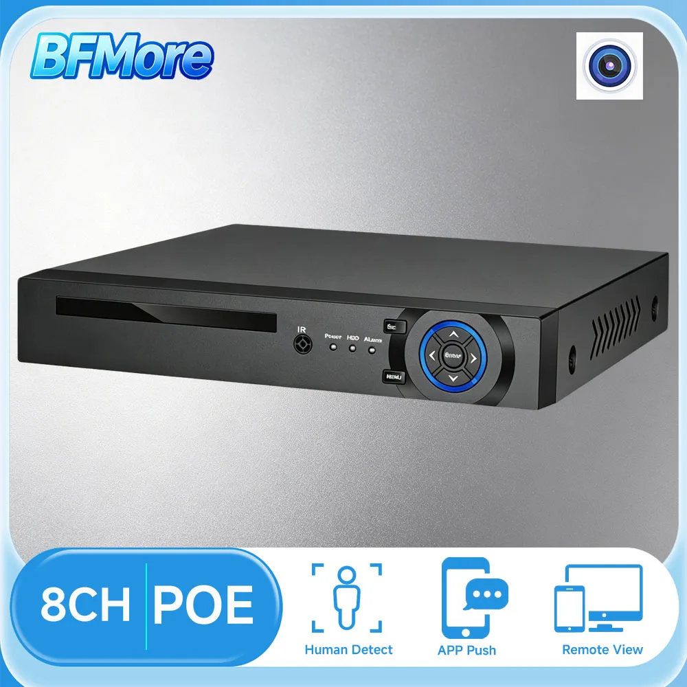 Фото BFMore POE 8-канальный NVR с ИИ, интеллектуальная запись, 4K 8MP, сетевой видеорегистратор для систем безопасности, до 8 ТБ HDD, для POE-камер №1